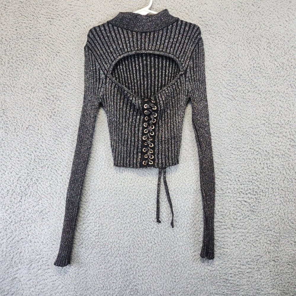 Hera Collection Sweater Womens M Metallic Ribbed Mock Neck Cutout Lace Up Crop